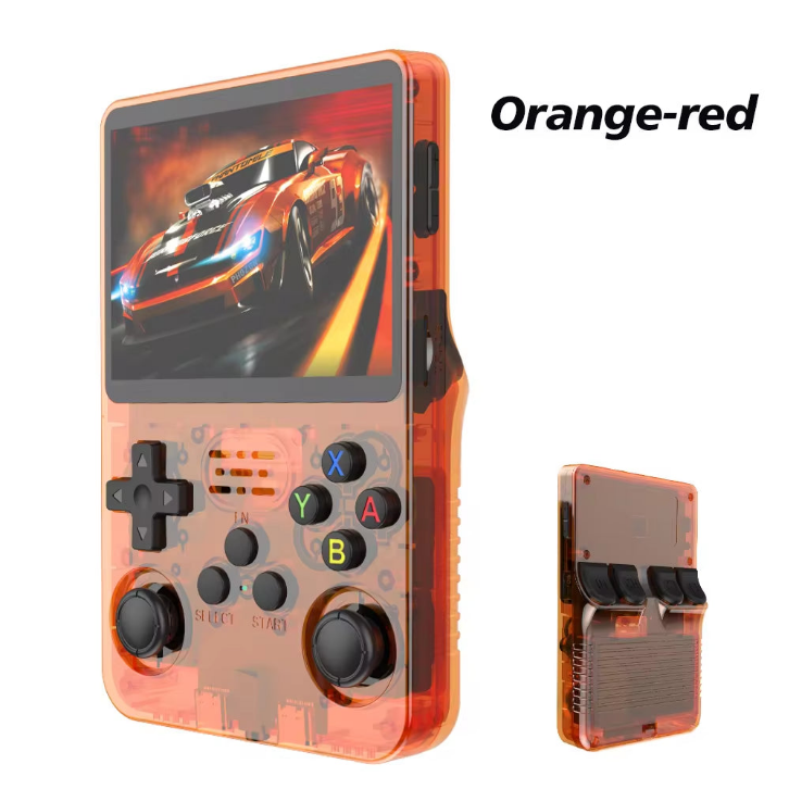 Handheld gaming console with transparent orange-red casing displaying a racing game on screen.